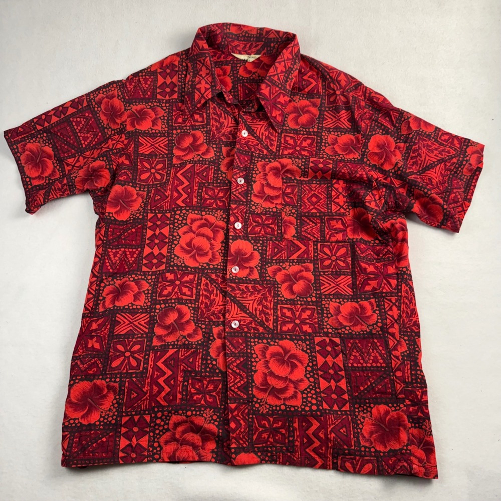 Vintage California Mens Large Red Black Hibiscus Tapa Print Hawaiian Shirt 60s